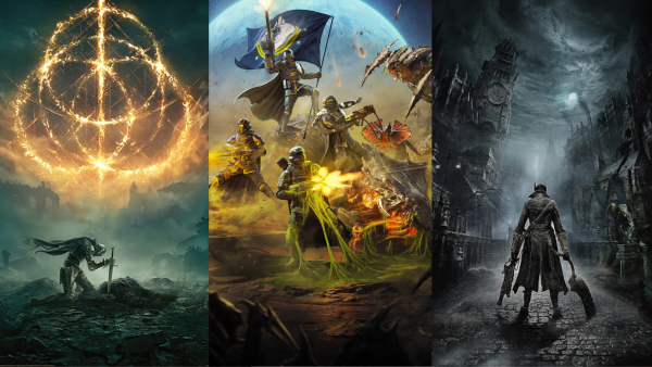 Video game covers from left to right: Elden Ring, Helldivers 2, and Blooborne 