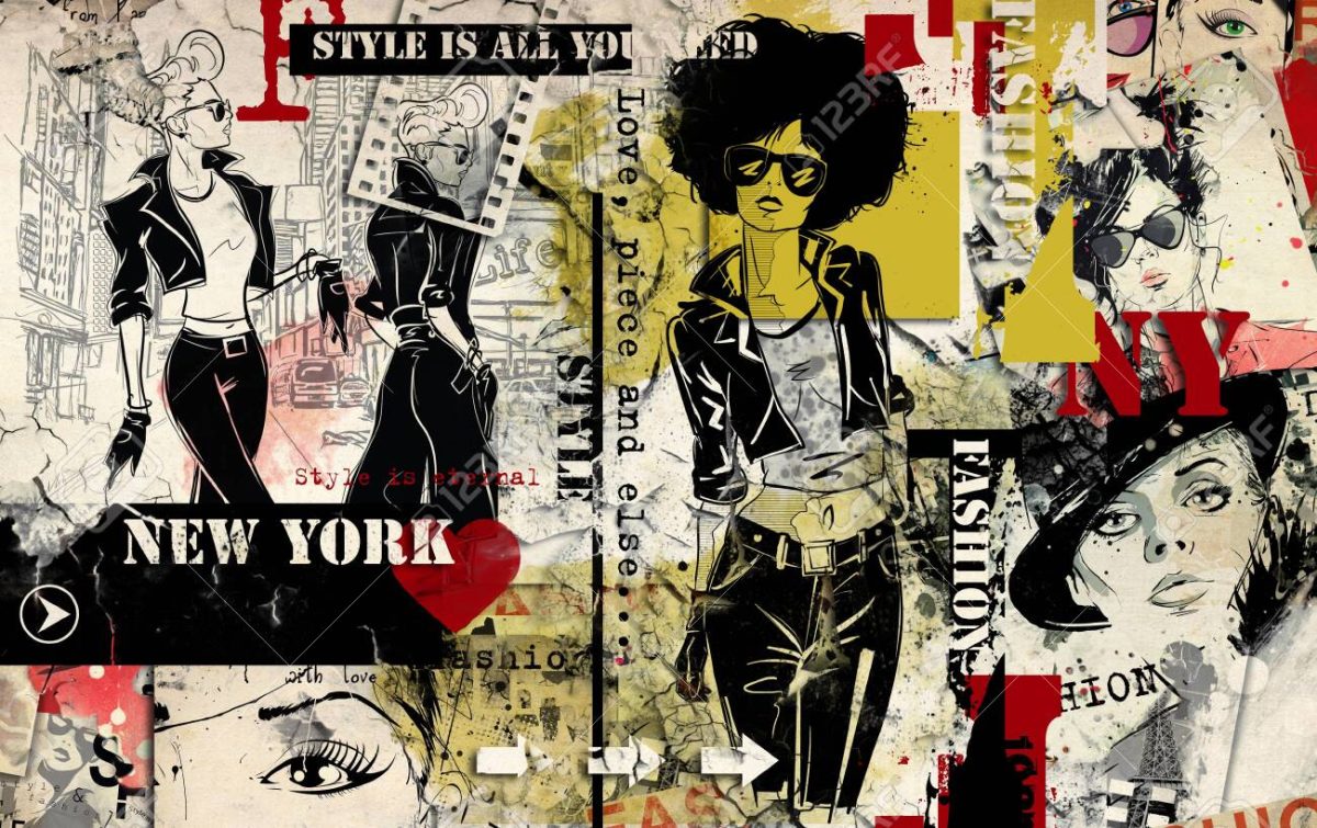 Fashion collage with stylish girls in sketch-style on grunge background.